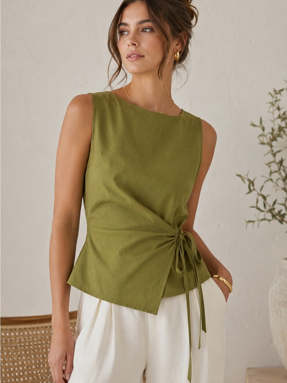 OGL Olive Green Side Tie Sleeveless Tank Top